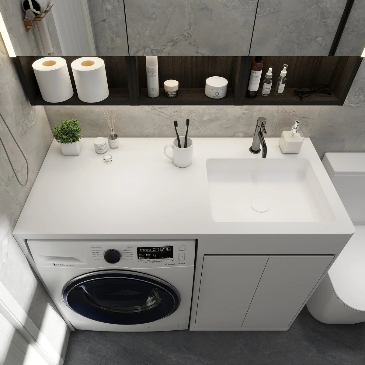 Modern bathroom with washing machine, sink, and shelves.