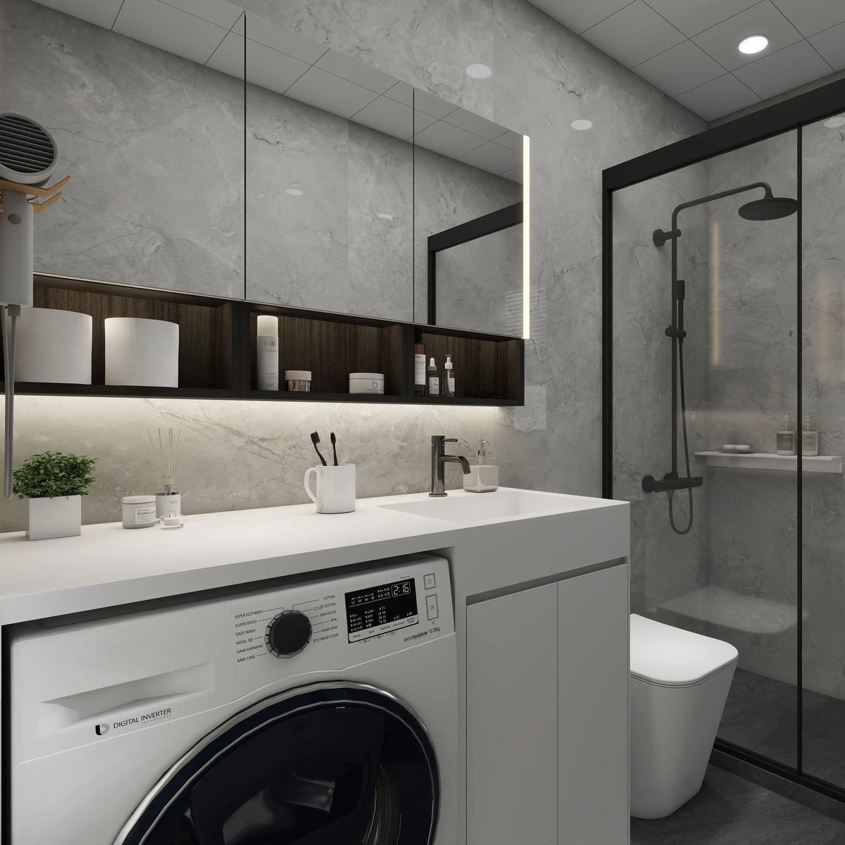 Modern bathroom with washing machine, sink, and shower area.