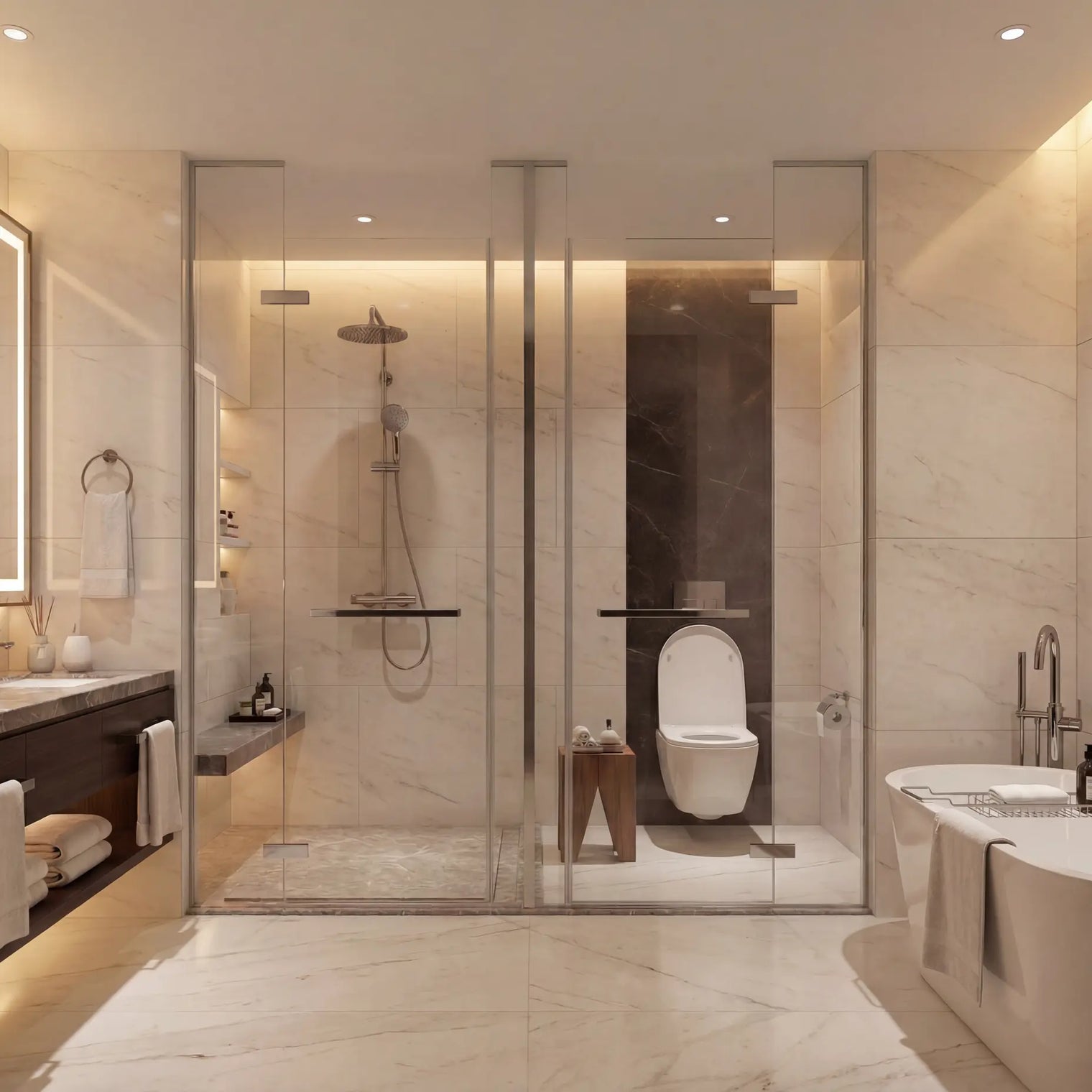 Modern bathroom with shower, toilet, sink, and bathtub.