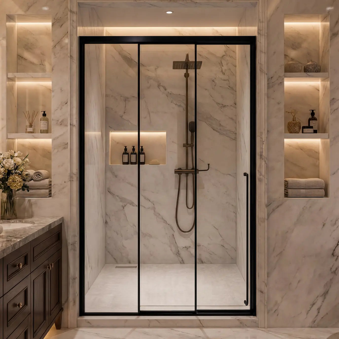 Luxurious bathroom with marble walls, a shower, and vanity area.