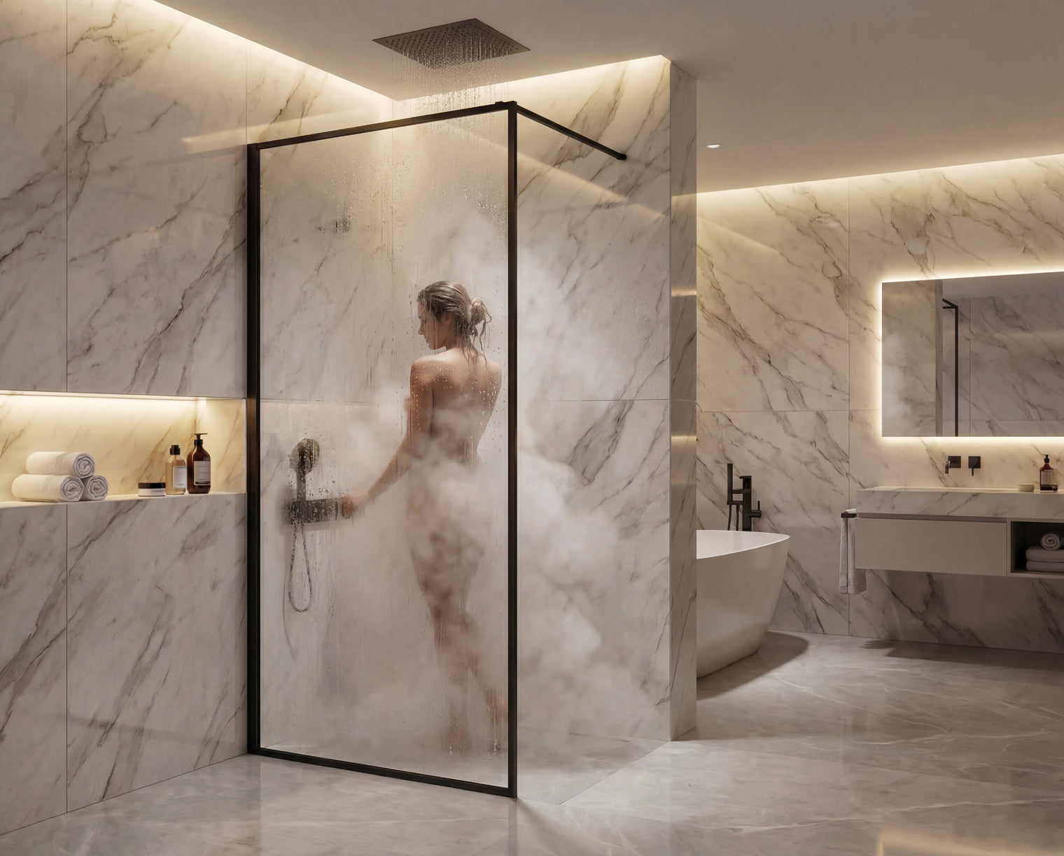 Modern bathroom with marble walls and a freestanding bathtub.