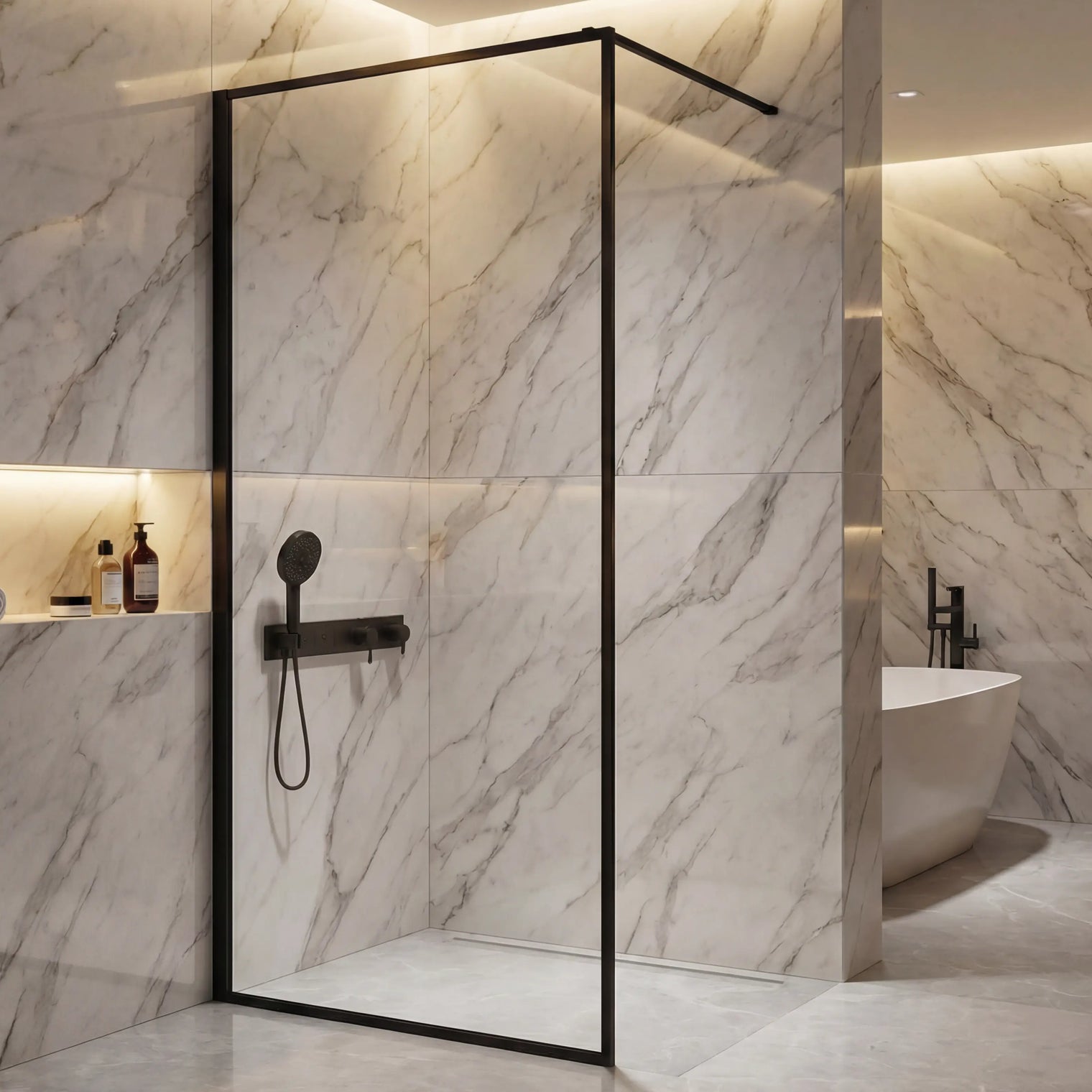 Modern bathroom with marble walls, a shower enclosure, and a freestanding bathtub.