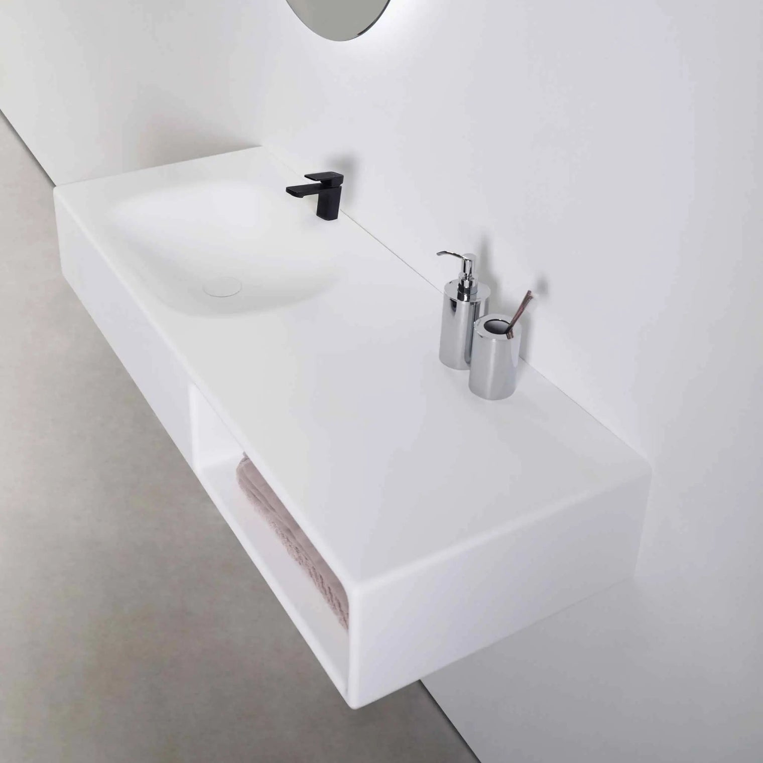 Spio WM 120L w/Shelf-WALL MOUNT WASHBASINS-訂造一體無縫洗手盆,Tailor made Washbasins,waterbasin hk, 浴室物料,浴室裝修,訂造洗手盆,浴室翻新,Bathroomware ,Bespoke bathroom,浴室配件,訂造浴室潔具,訂造浴室傢俬,香港 浴室設計 公司,best custom bathroom furniture HK, Infinite Bath