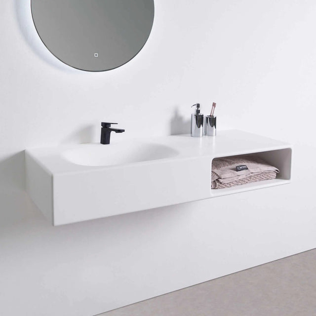 Spio WM 120L w/Shelf-WALL MOUNT WASHBASINS-訂造一體無縫洗手盆,Tailor made Washbasins,waterbasin hk, 浴室物料,浴室裝修,訂造洗手盆,浴室翻新,Bathroomware ,Bespoke bathroom,浴室配件,訂造浴室潔具,訂造浴室傢俬,香港 浴室設計 公司,best custom bathroom furniture HK, Infinite Bath