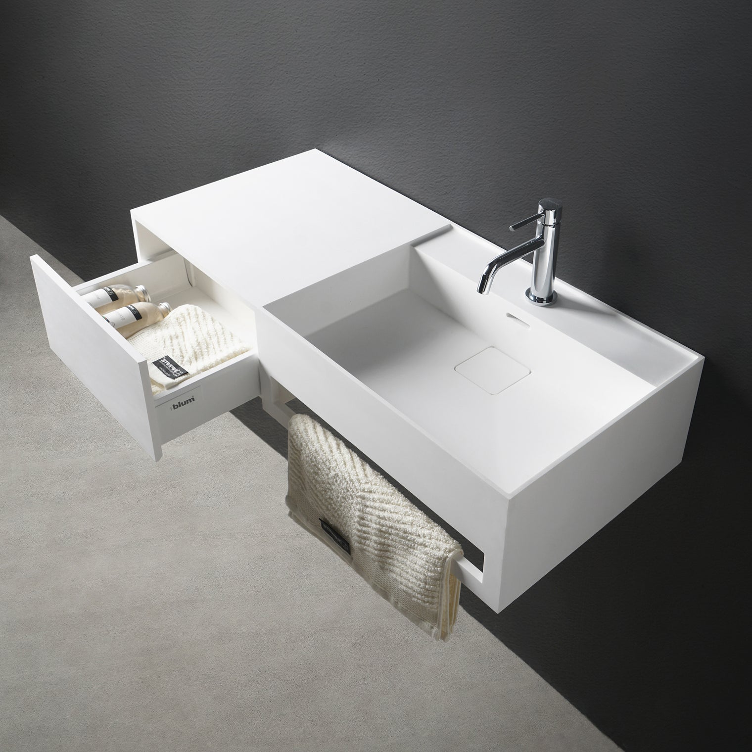 CUBE-X WM 90R w/Drawer-WALL MOUNT WASHBASINS-訂造一體無縫洗手盆,Tailor made Washbasins,waterbasin hk, 浴室物料,浴室裝修,訂造洗手盆,浴室翻新,Bathroomware ,Bespoke bathroom,浴室配件,訂造浴室潔具,訂造浴室傢俬,香港 浴室設計 公司,best custom bathroom furniture HK, Infinite Bath