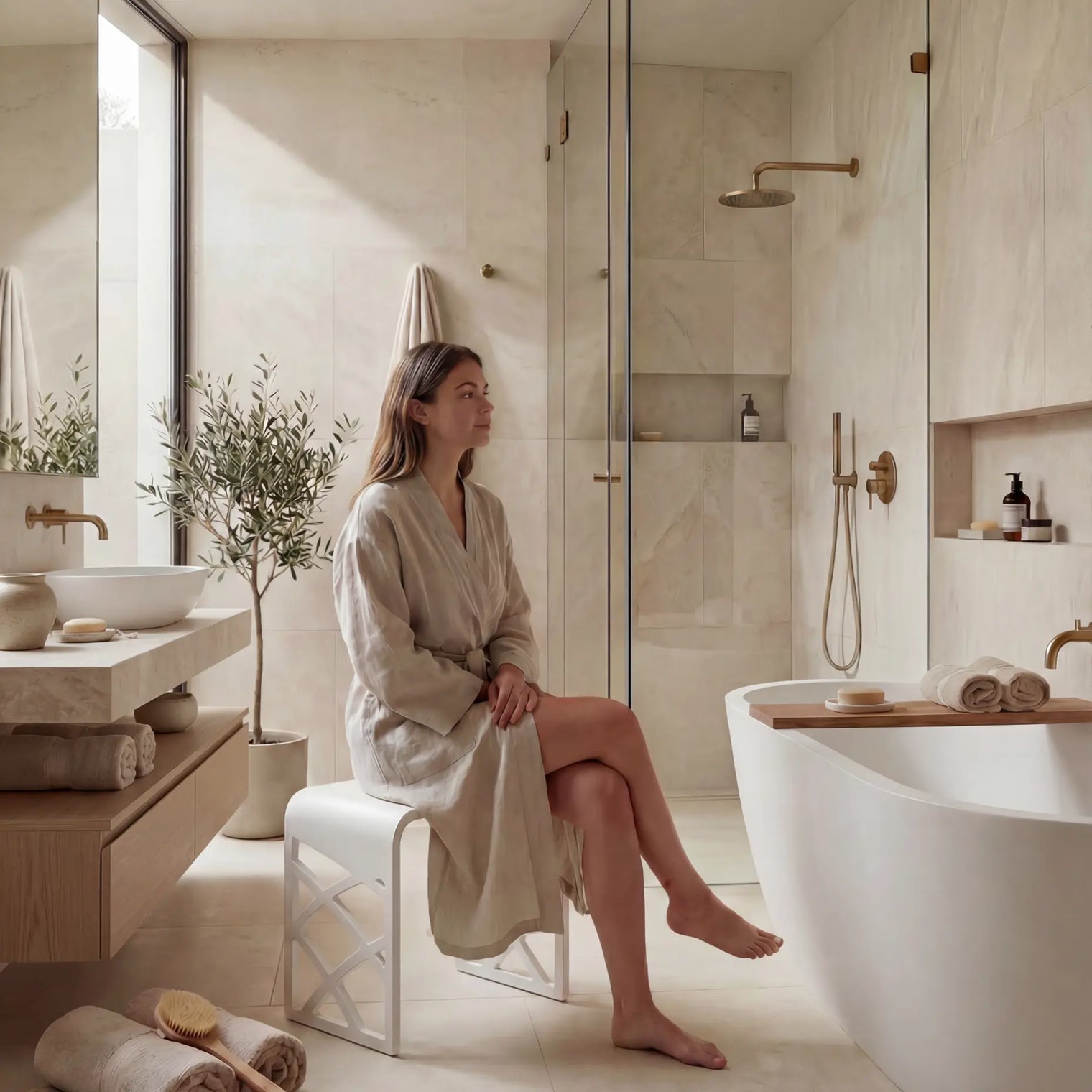Woman sitting on a stool in a modern bathroom with a bathtub and shower.