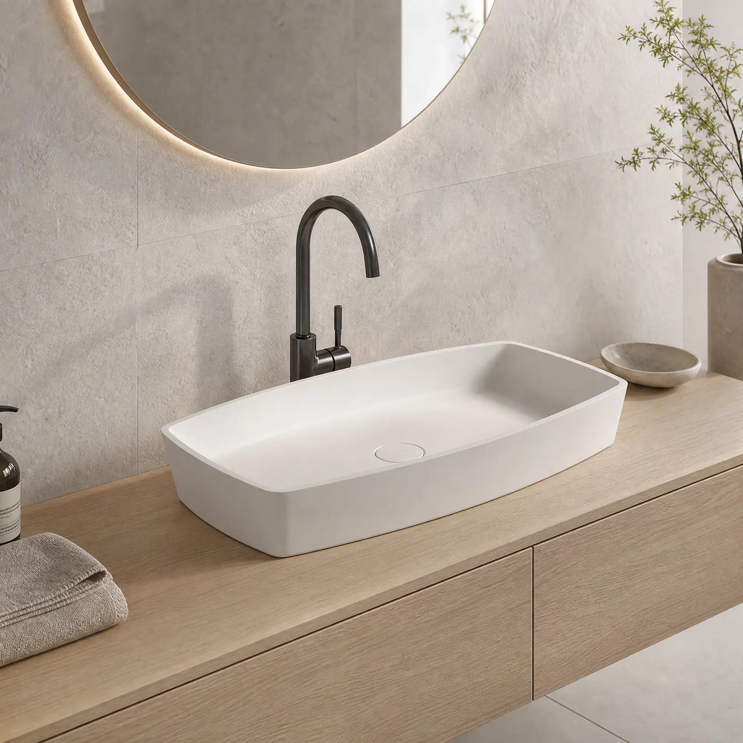 Bathroom vanity with white sink, black faucet, and wooden cabinet.