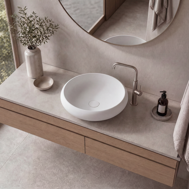 Bathroom vanity with a white sink, wooden cabinet, and decorative elements.