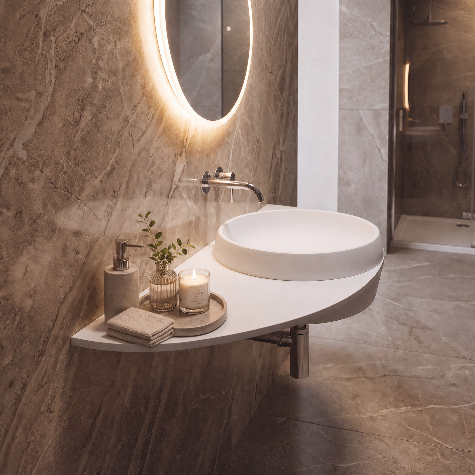 A modern wall-mounted white vessel sink in a bathroom with warm gray marble walls and floor, featuring an illuminated round mirror, chrome faucet, soap dispenser, folded towels, and a glass shower enclosure in the background.