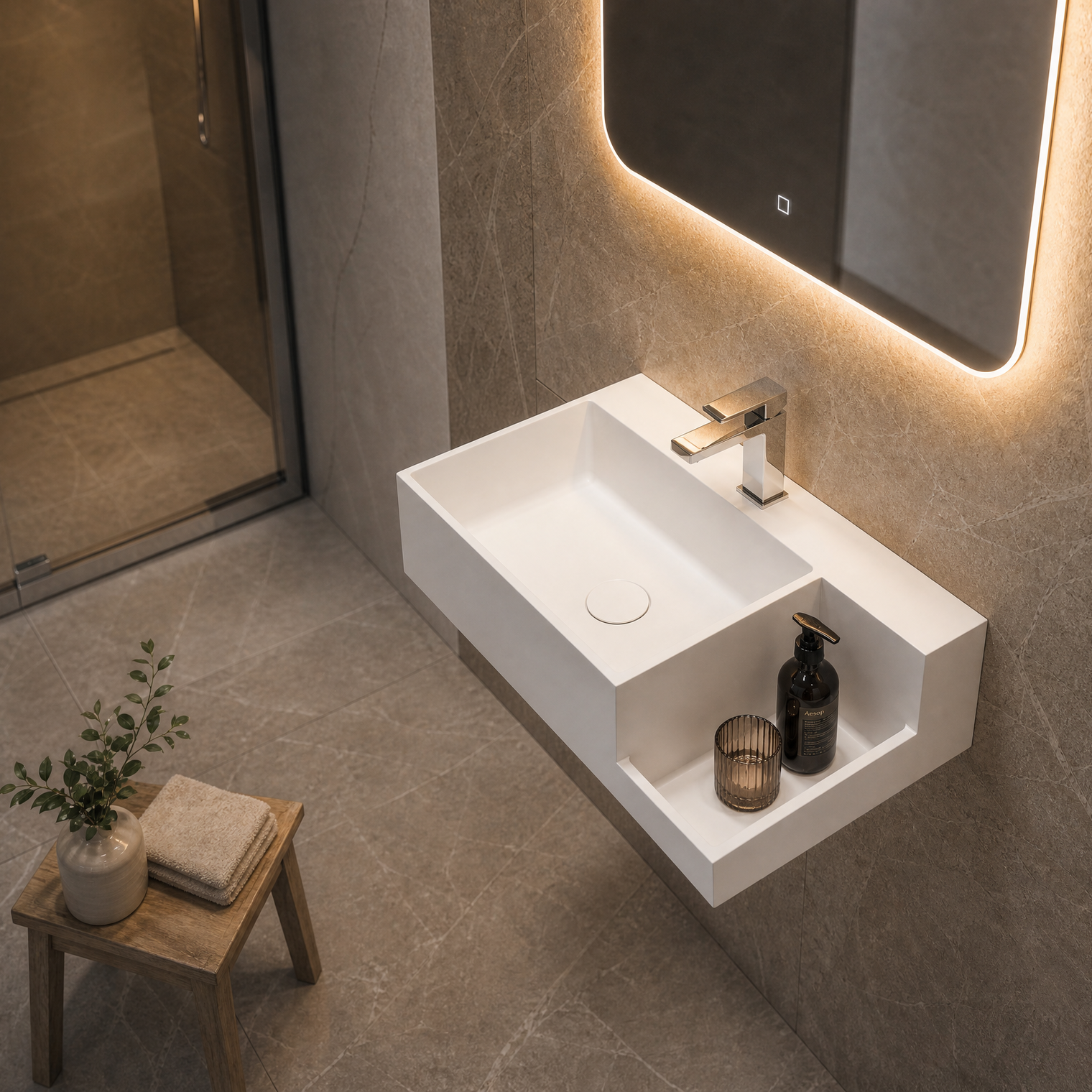 A modern wall-mounted white rectangular sink with a chrome faucet, shown installed in a bathroom with gray stone tile walls and floor. An illuminated rectangular mirror hangs above, and a small wooden stool with a plant and folded towels sits nearby.