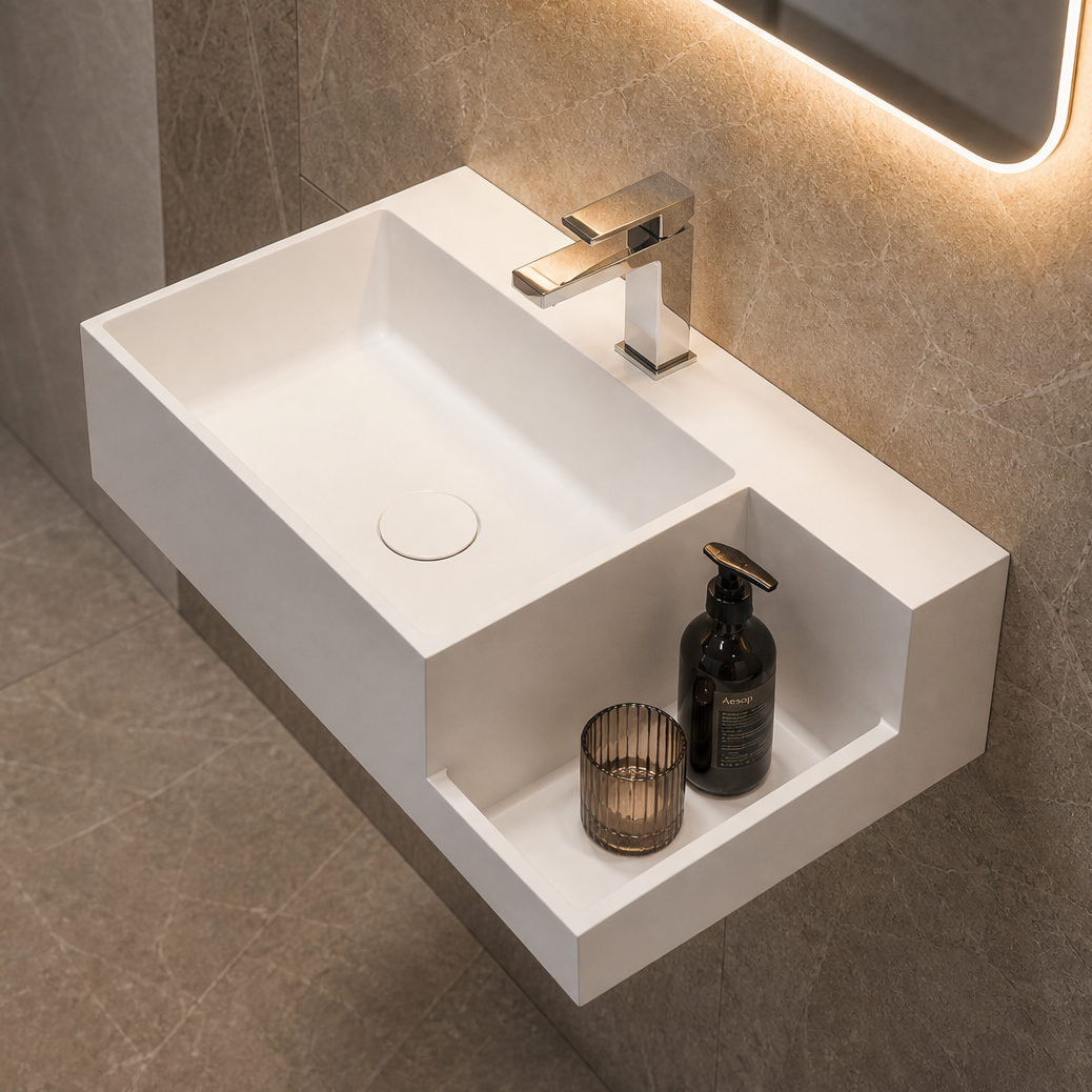 A modern wall-mounted white rectangular sink with a chrome faucet, shown installed in a bathroom with gray stone tile walls and floor. An illuminated rectangular mirror hangs above, and a small wooden stool with a plant and folded towels sits nearby.