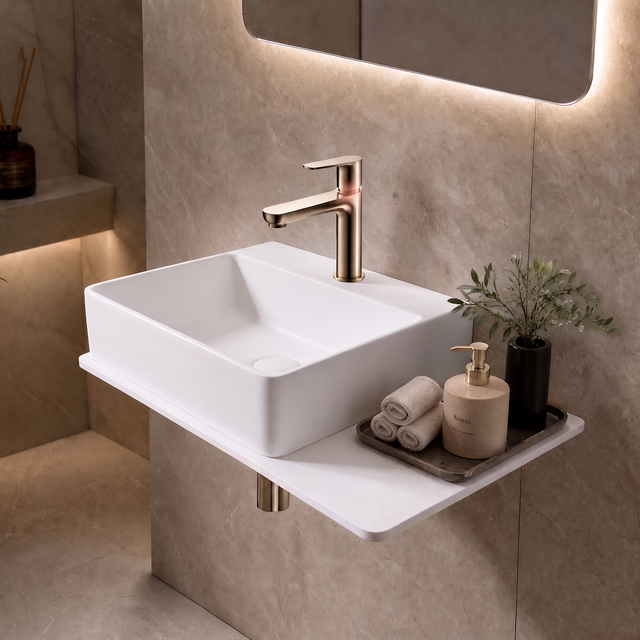 A modern wall-mounted bathroom sink with a rectangular white basin and a matte brass faucet, shown installed on a beige stone wall with warm ambient lighting.