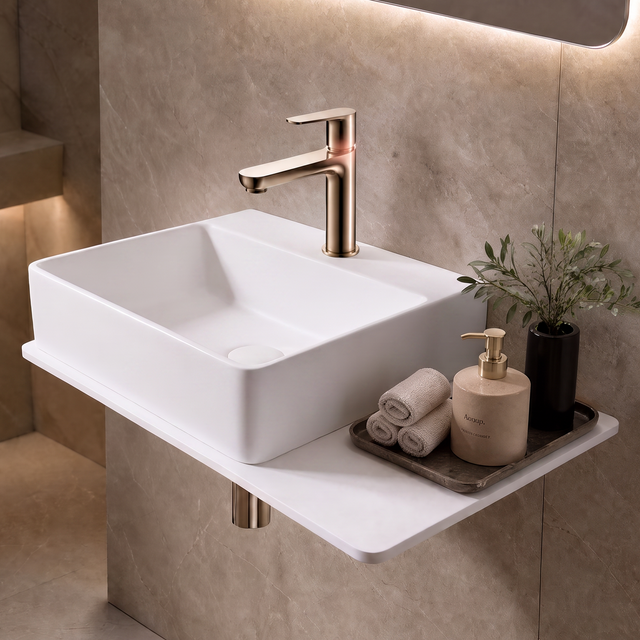 A modern wall-mounted bathroom sink with a rectangular white basin and a matte brass faucet, shown installed on a beige stone wall with warm ambient lighting.