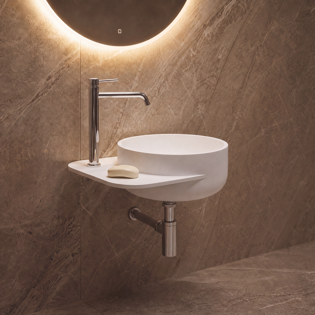 A modern wall-mounted white vessel sink with a chrome faucet, set against a brown stone-look tiled wall with an illuminated round mirror above.