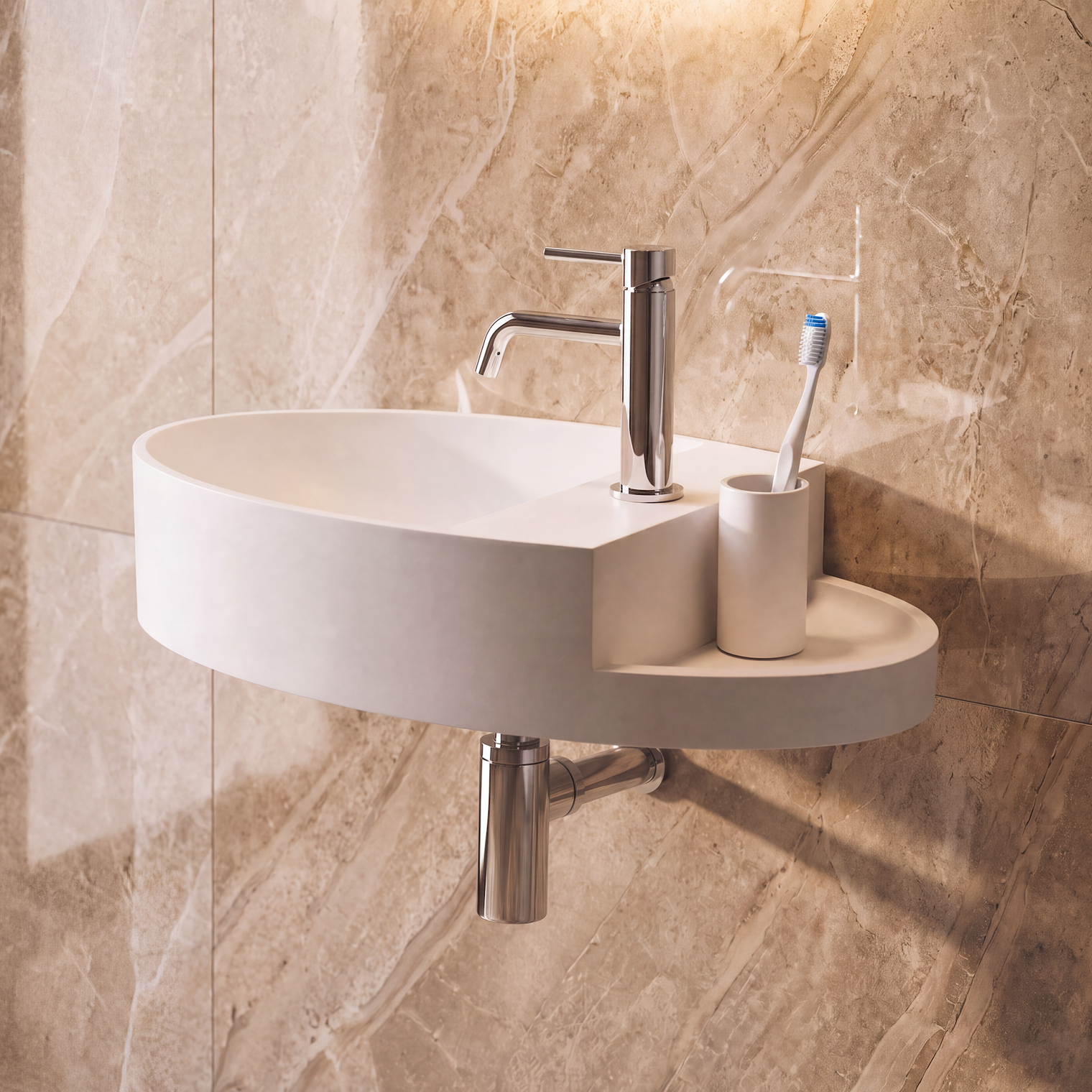 A modern wall-mounted oval bathroom sink in white, paired with a polished chrome faucet, toothbrush holder, and toothbrush, set against a beige marble-look tiled wall.