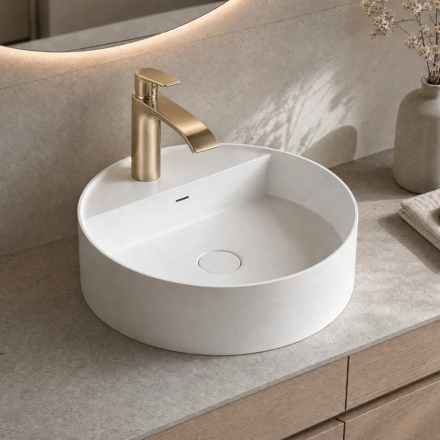 White round sink with gold faucet on a bathroom counter.