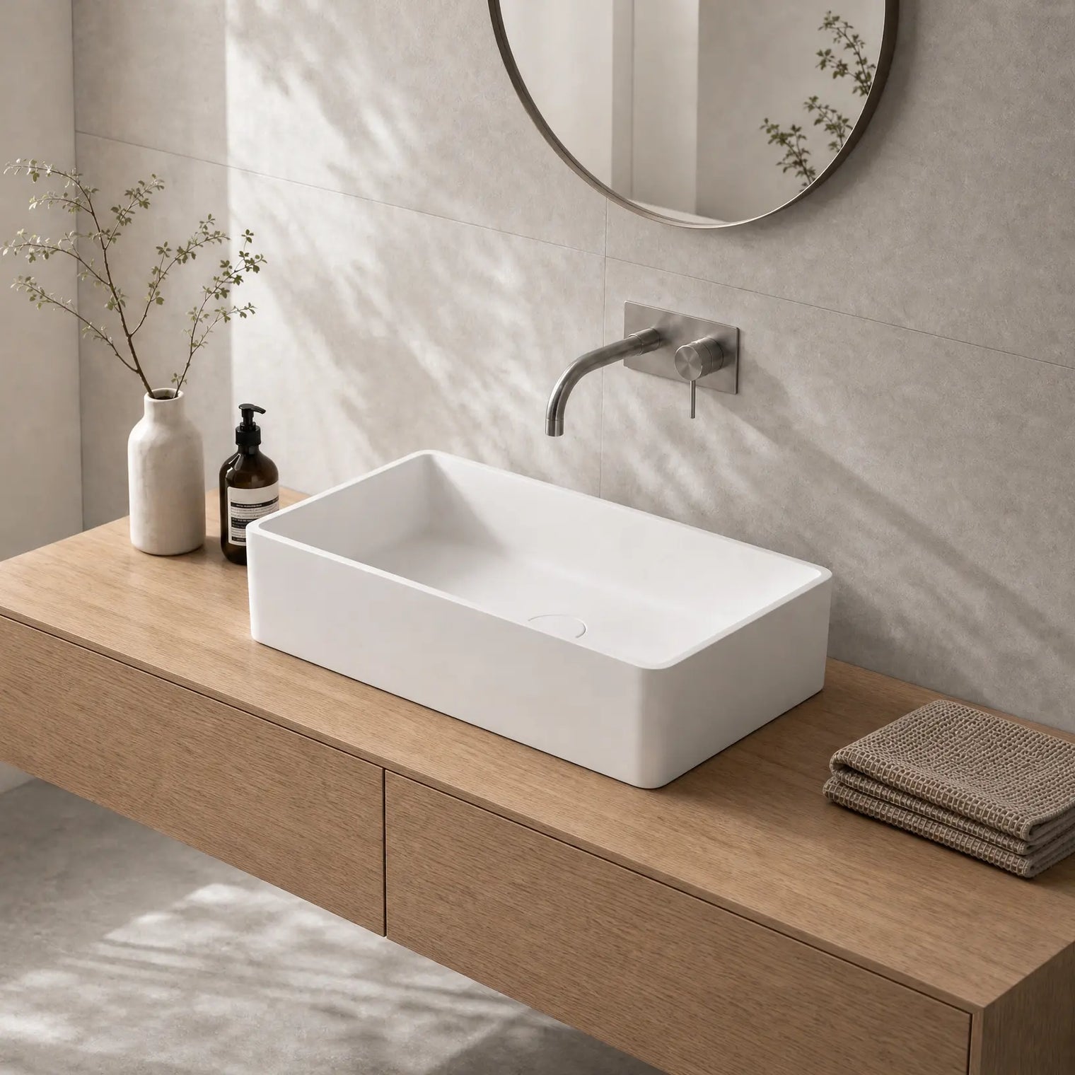 Bathroom vanity with white sink, wooden cabinet, and decorative elements.