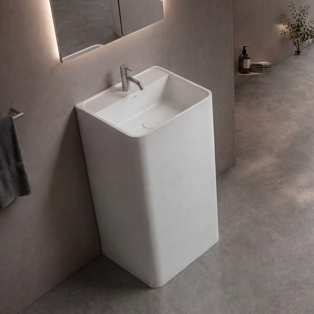 Modern bathroom with a freestanding sink and bathtub.