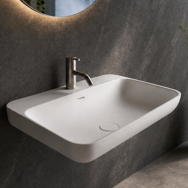 A modern wall-mounted white sink with a chrome faucet in a dark gray bathroom, featuring a large oval mirror and a floor-to-ceiling window with a view of a waterfall.