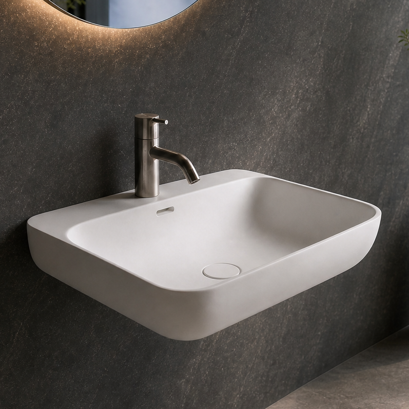 A modern wall-mounted white sink with a chrome faucet in a dark gray bathroom, featuring a large oval mirror with warm lighting and a large window overlooking a waterfall landscape.