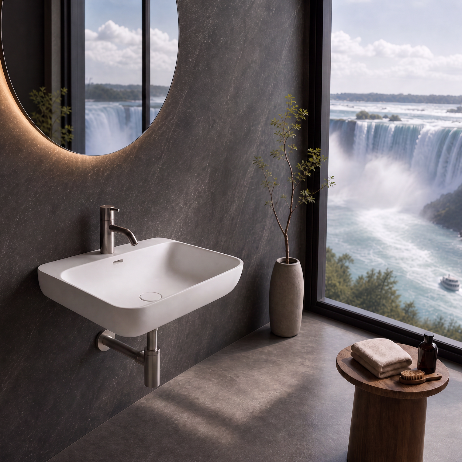 A modern wall-mounted white sink with a chrome faucet in a dark gray bathroom, featuring a large oval mirror with warm lighting and a large window overlooking a waterfall landscape.