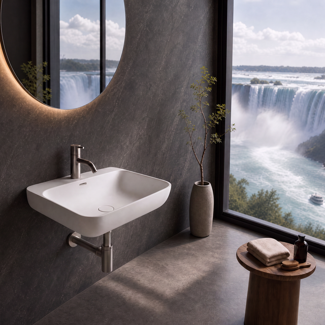 A modern wall-mounted white sink with a chrome faucet in a dark gray bathroom, featuring a large oval mirror with warm lighting and a large window overlooking a waterfall landscape.