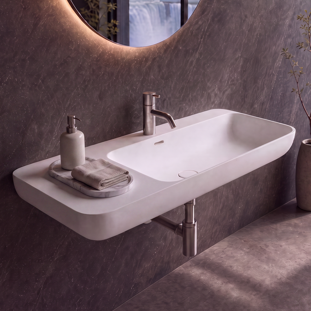 A modern wall-mounted white Solid Surfaces sink with a chrome faucet in a dark stone bathroom, featuring a large oval mirror and a floor-to-ceiling window overlooking a massive waterfall.