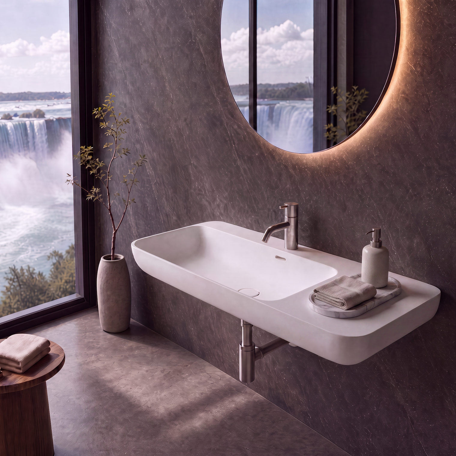 A modern wall-mounted white solid surfaces sink with a chrome faucet, set in a dark stone bathroom with a large circular backlit mirror and a window showing a waterfall landscape.