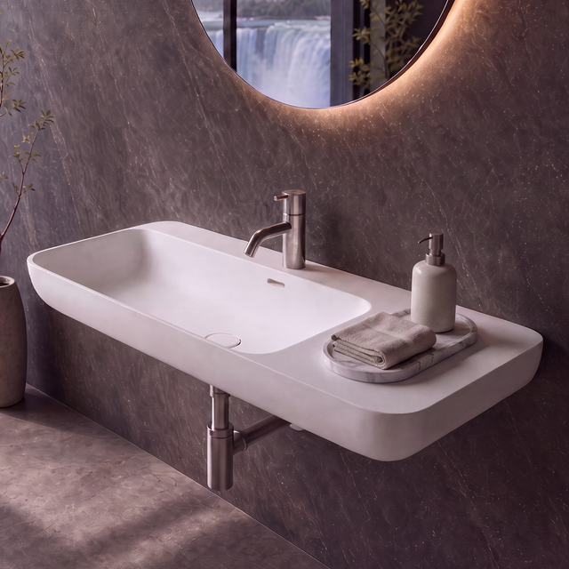 A modern wall-mounted white solid surfaces sink with a chrome faucet, set in a dark stone bathroom with a large circular backlit mirror and a window showing a waterfall landscape.