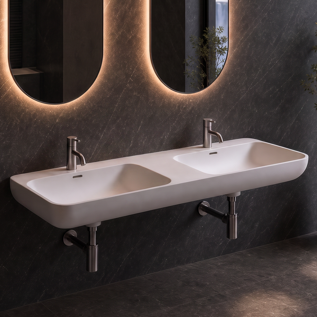A modern double-sink bathroom wall setup with two illuminated oval mirrors, a white floating basin, chrome faucets, a towel bar, and a large window overlooking a waterfall landscape.