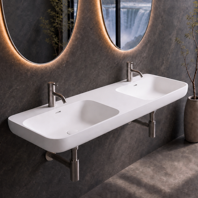 A modern wall-mounted double basin sink in matt white solid surfaces, installed in a dark gray bathroom with illuminated oval mirrors and a large window overlooking a waterfall landscape.