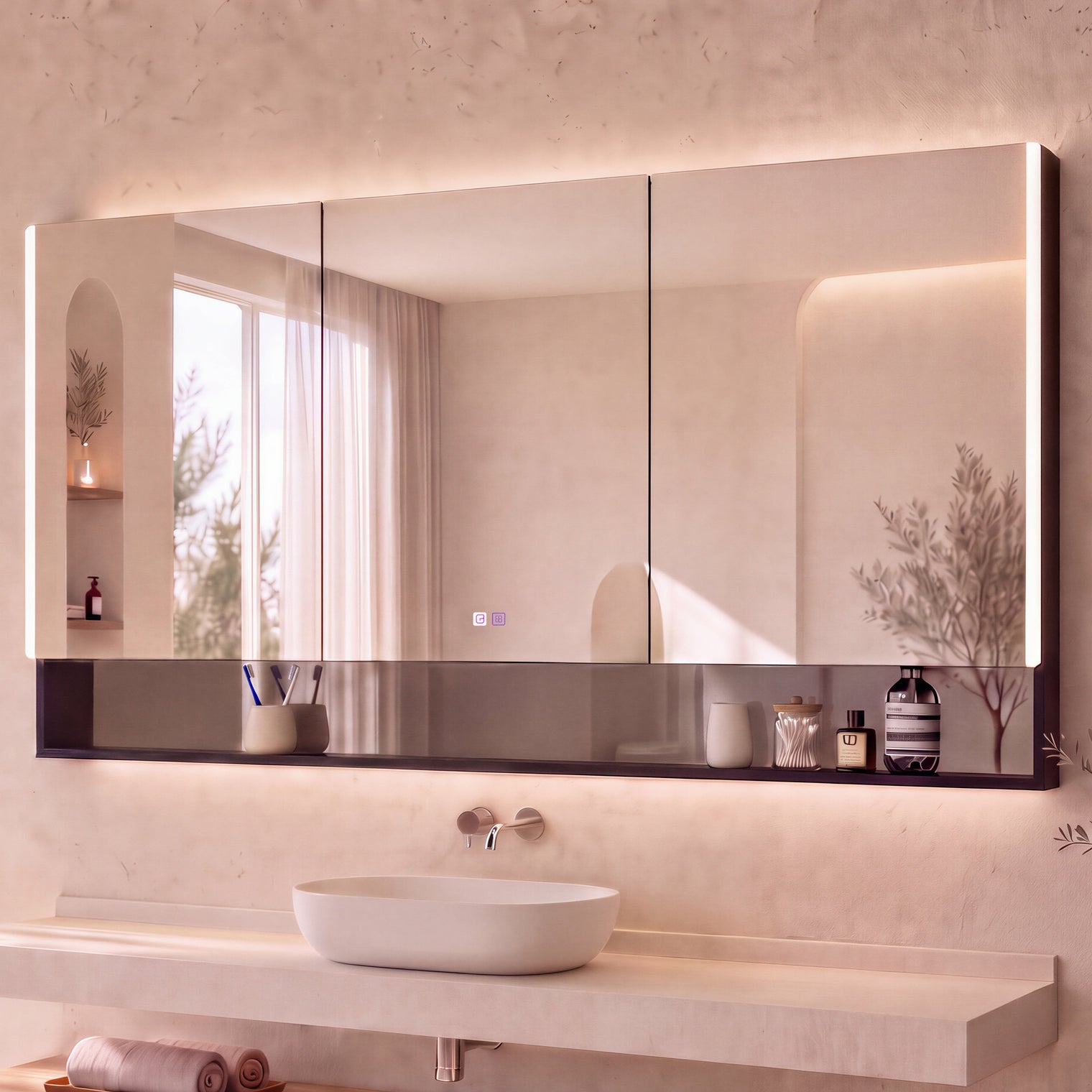 A modern bathroom vanity featuring a large rectangular wall mirror with a dark reflective base, mounted above a floating stone sink and wooden console. The room has warm beige textured walls, built-in shelves with candles and decor, and a window on the left with sheer curtains.
