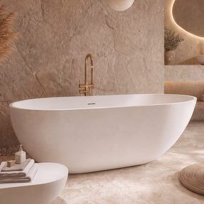 A modern freestanding oval bathtub in a minimalist beige stone bathroom with a matching round side table, pendant lights, a built-in vanity with a backlit oval mirror, and dried pampas grass decor.