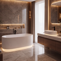 A luxury modern bathroom featuring a freestanding oval bathtub with integrated under-shelf LED lighting, a floating double vanity with a white vessel sink, and a marble-tiled wall and floor.