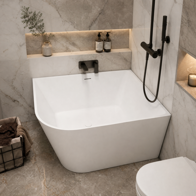 A modern freestanding bathtub in a marble-look bathroom with black fixtures, built-in shelves with toiletries, and a basket of towels nearby.