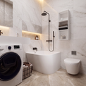 A modern bathroom scene featuring a white Samsung washing machine next to a freestanding white bathtub, with a black shower fixture, marble-look tiled walls and floor, and built-in shelving and mirror lighting.