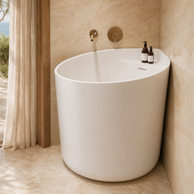 A modern freestanding oval bathtub in matte white, set in a warm beige stone bathroom with a matching faucet and small toiletry bottles on the rim. An open doorway reveals a sunlit outdoor terrace with columns, a curtain, and greenery.