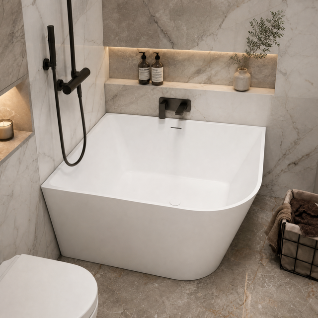 A modern freestanding bathtub in a marble-look bathroom with black fixtures, built-in shelves with toiletries, and a basket of towels nearby.