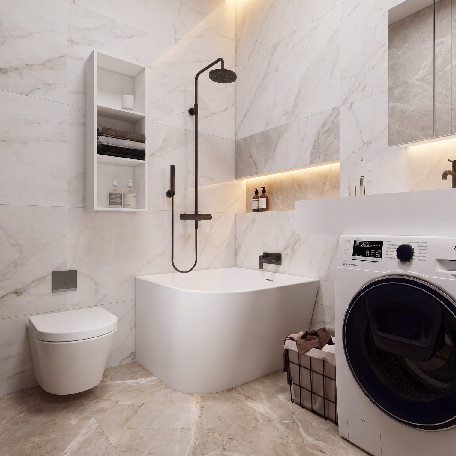 A modern bathroom scene featuring a white Samsung washing machine next to a freestanding white bathtub, with a black shower fixture, marble-look tiled walls and floor, and built-in shelving and mirror lighting.