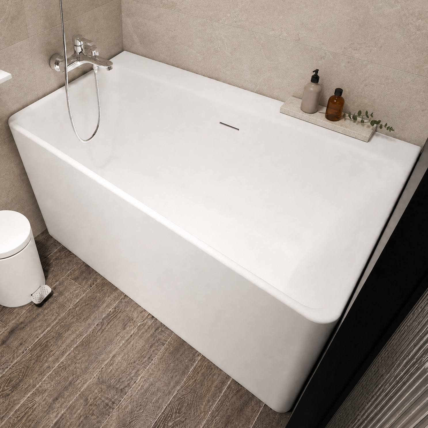 A modern freestanding white bathtub in a minimalist bathroom setting with beige textured walls, dark wood-look flooring, floating white shelves, and a white toilet visible in the corner.