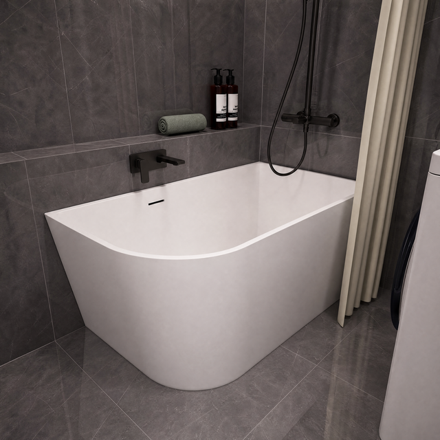 A modern freestanding bathtub with a curved corner design, shown installed in a bathroom with dark gray tiled walls and floor. The tub is white with matte black fixtures, including a wall-mounted faucet and shower system.