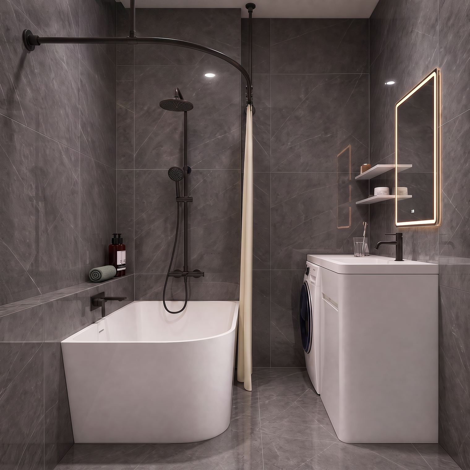 Modern bathroom interior with dark gray stone-look tiles, a freestanding white bathtub, a white vanity cabinet with sink and mirror, and a curved black shower rod.