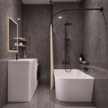 Modern bathroom interior with dark gray stone-look tiles, a freestanding white bathtub, a white vanity cabinet with sink and mirror, and a curved black shower rod.