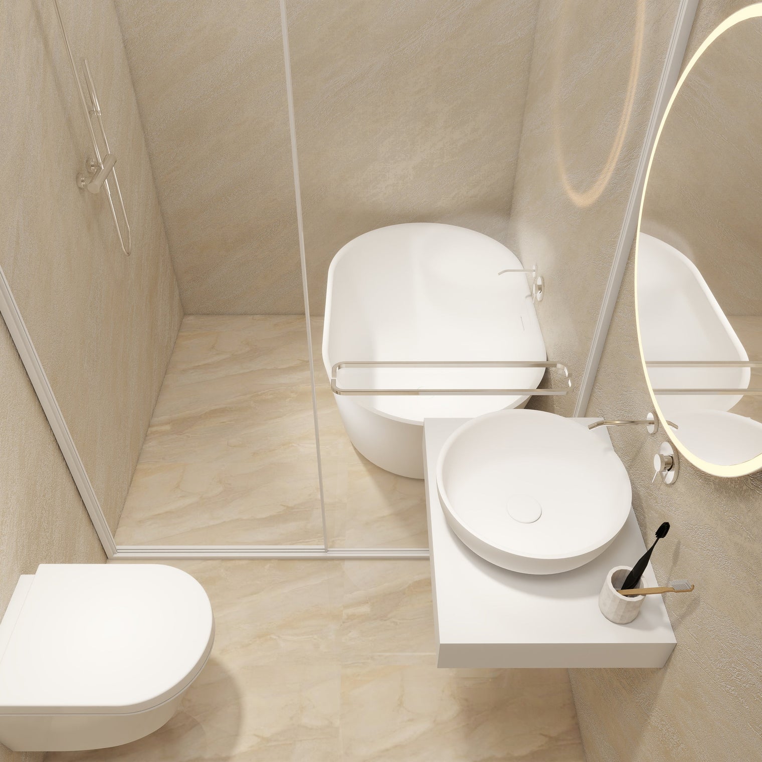 A modern bathroom interior with a white wall-mounted toilet, a white vessel sink on a floating shelf, a round backlit mirror, and a glass shower enclosure with beige stone tile walls and floor.