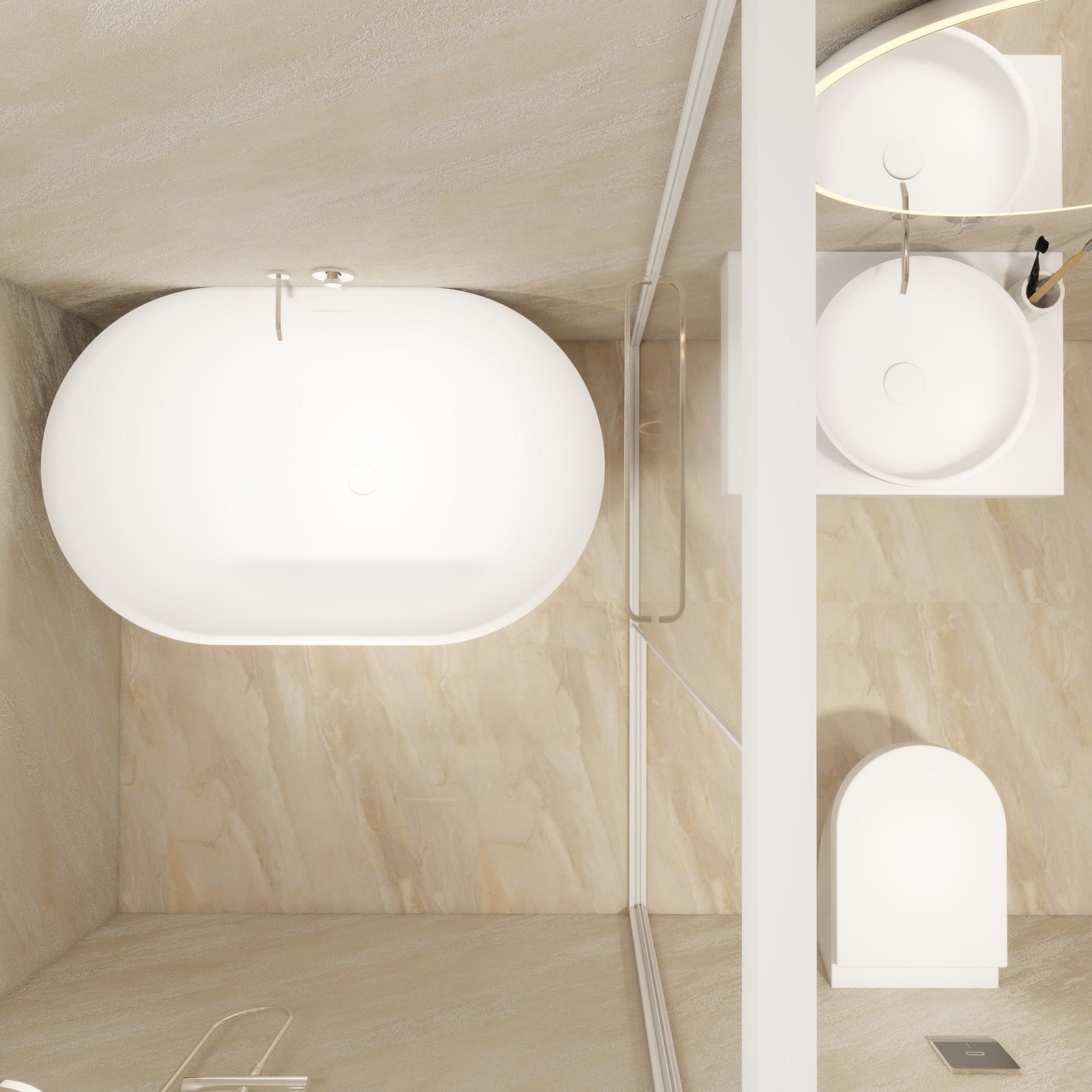 A modern bathroom interior with a large oval freestanding bathtub on the left, a glass shower enclosure, a wall-mounted white sink with a round basin and chrome faucet on the right, a white toilet below, and beige marble-look tiled walls and floor.