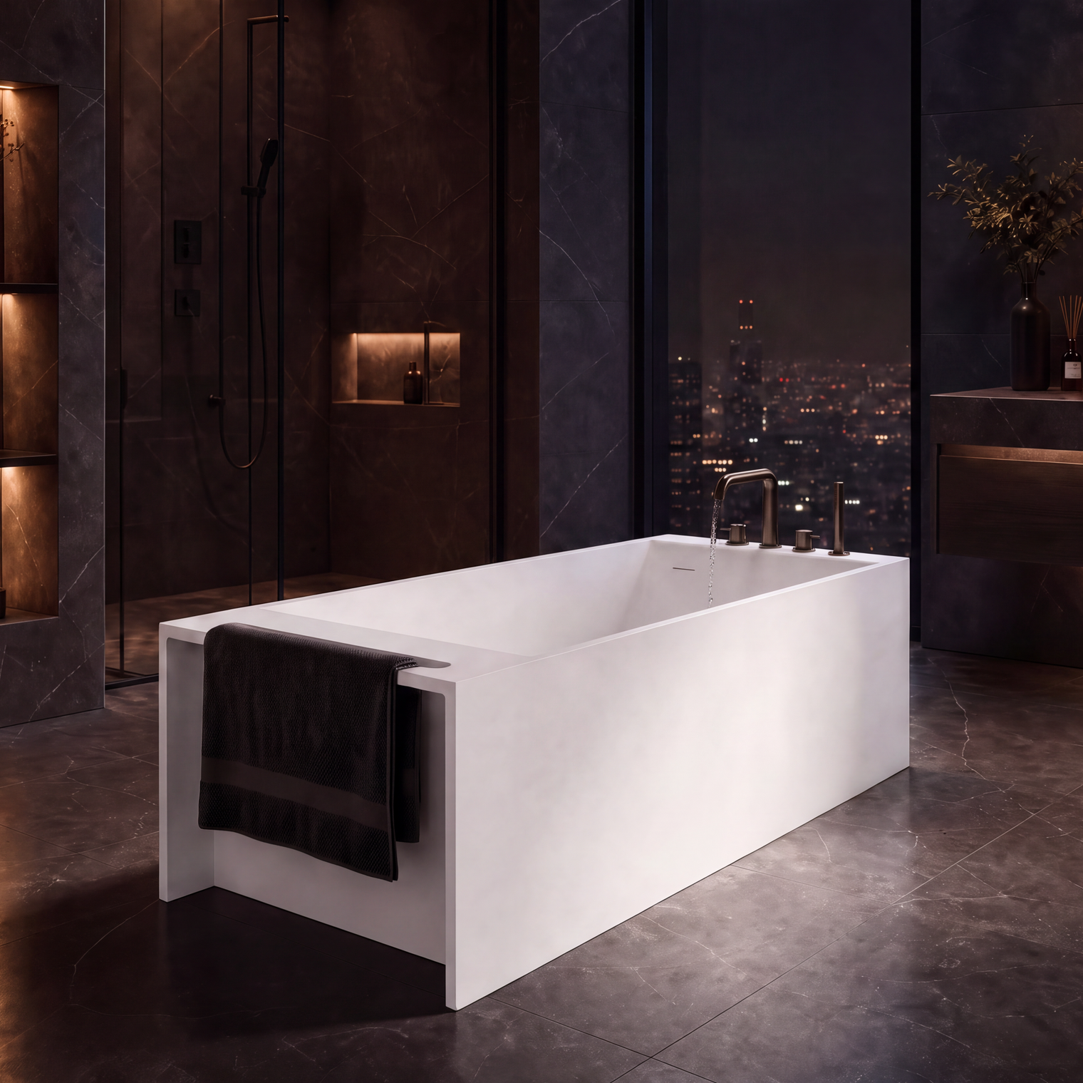 A modern freestanding rectangular bathtub in matte white, shown in a luxurious dark-toned bathroom with a city skyline visible through large windows at night.