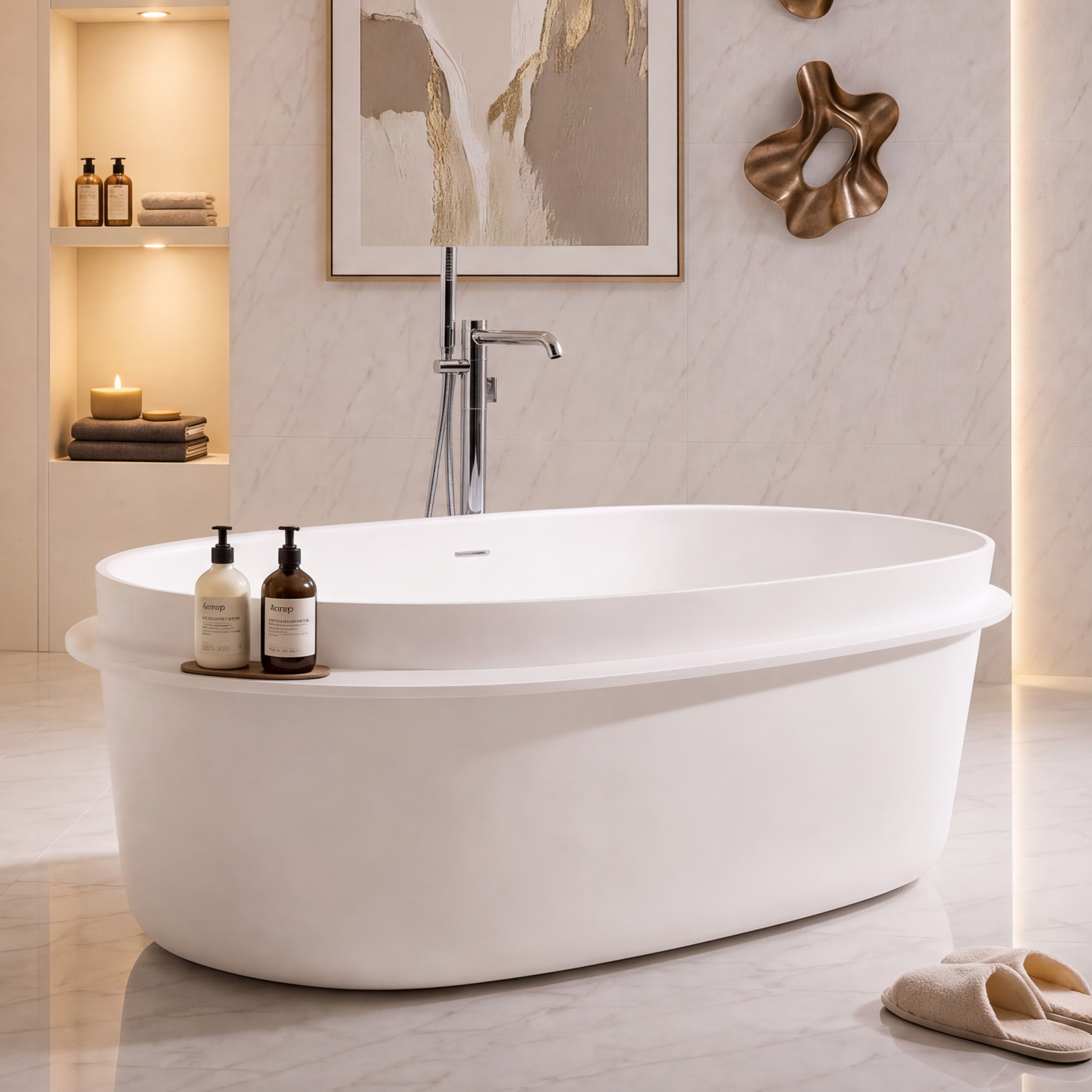 A modern freestanding oval bathtub in a bright, minimalist bathroom with warm ambient lighting, a wall-mounted sink, a round backlit mirror, framed wall art, and a small woven basket with a towel.