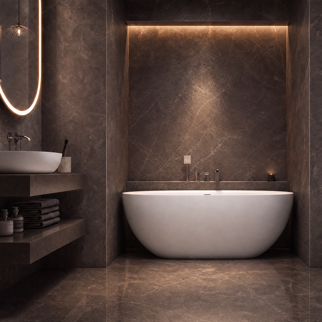A modern freestanding oval bathtub in a luxurious bathroom with dark brown marble walls and floor, warm ambient lighting, and a floating vanity on the left.