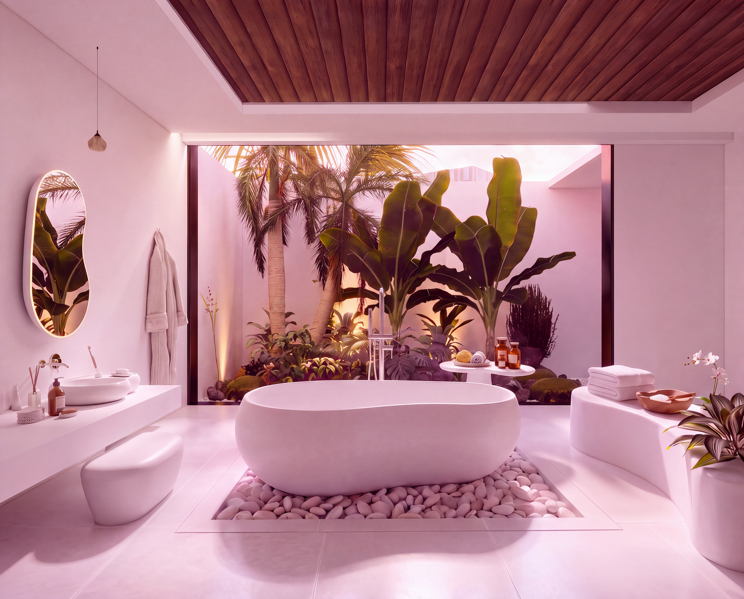 A modern freestanding oval bathtub placed on white pebbles in a bright, minimalist bathroom with pink-toned lighting. Large tropical plants and a wooden ceiling are visible through the open back wall, creating an outdoor garden view.