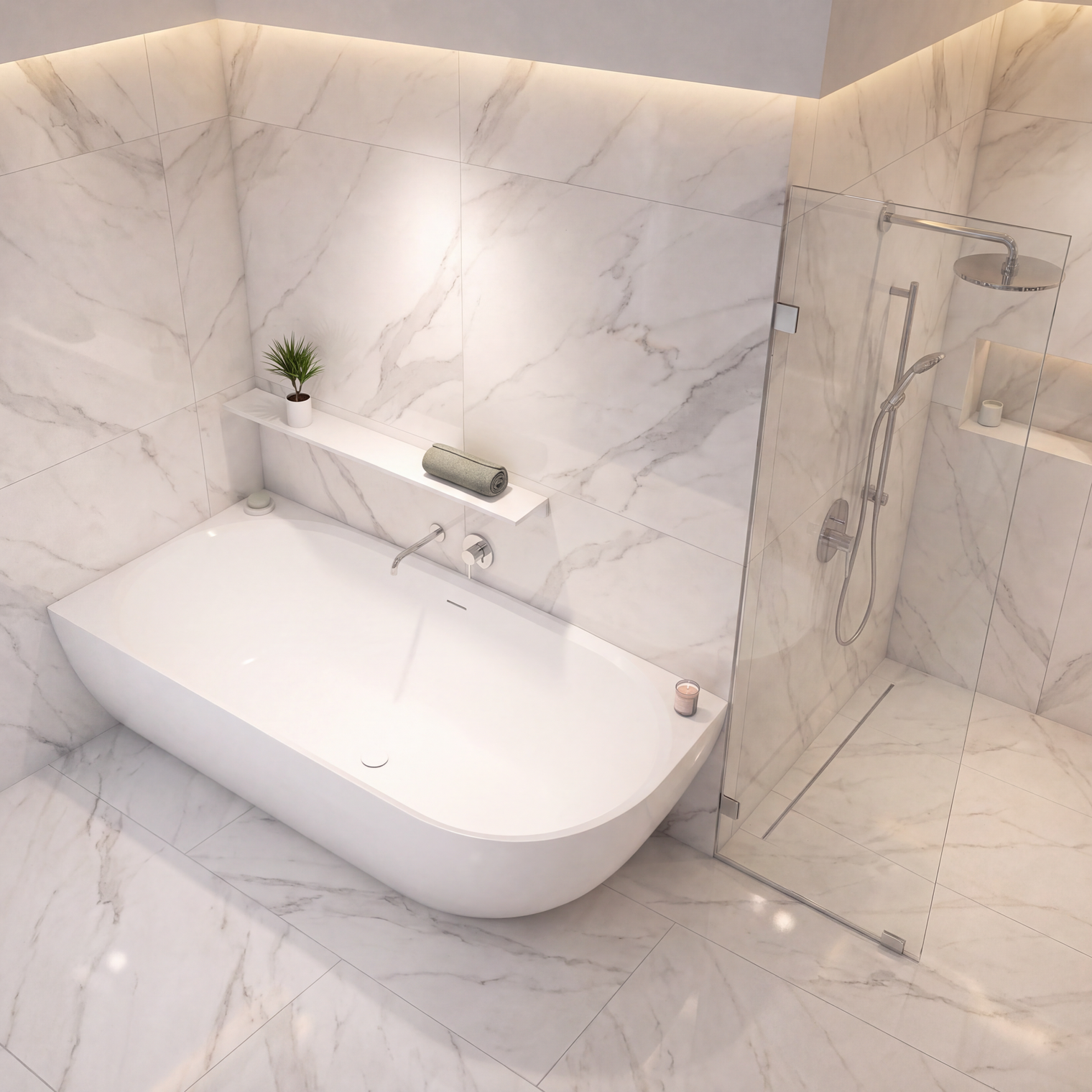 A modern freestanding white bathtub in a marble-tiled bathroom, with a glass shower enclosure and built-in shelf details.